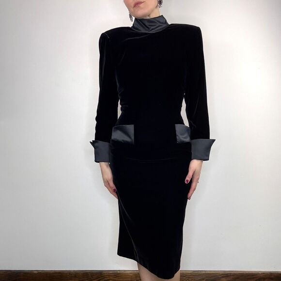 Vintage 80s Depêche Mode Black Velvet Cocktail Dress Satin Trim Mock Neck Korea - Picture 2 of 10